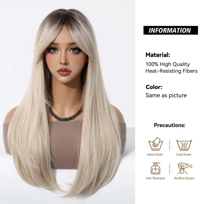 Ombre Blonde Synthetic Wigs Dark Root hair with Bangs Long Silk Straight Wigs for Women Daily Party Cosplay Wigs Heat Resistant
