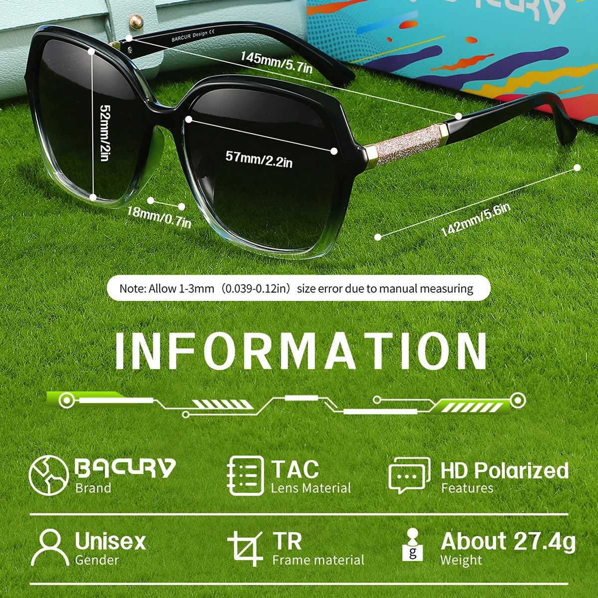 BACURY 1PCS Fashionable Trendy Women Polarized Sunglasses Large Frame Comfortable Wearing Walking Traveling Driving Men Glasses