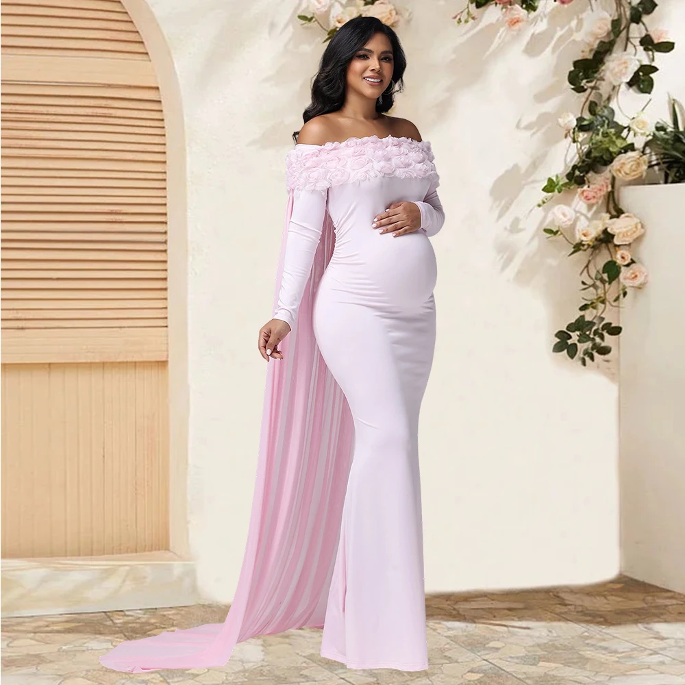 Maternity Women's Appliques Off Shoulder Long Sleeves Photography Dress Mesh Cloak Maxi Gown for Photoshoot Baby Shower view 5