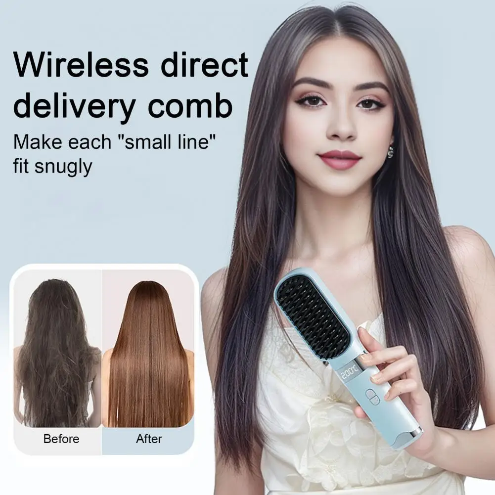 Cordless Hair Straightener Brush 4 Temperature Modes Adjustable LED Display Fast Heating Portable Travel Electric Hot Brush Curl