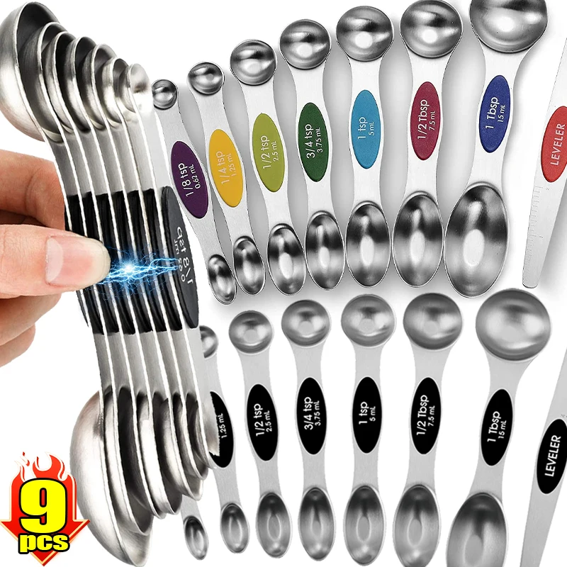 Juego de cucharas medidoras magnéticas de 9 Uds., nivelador de acero inoxidable, báscula de especias para condimentos de doble cara, cucharas de doble cabeza, utensilios de cocina