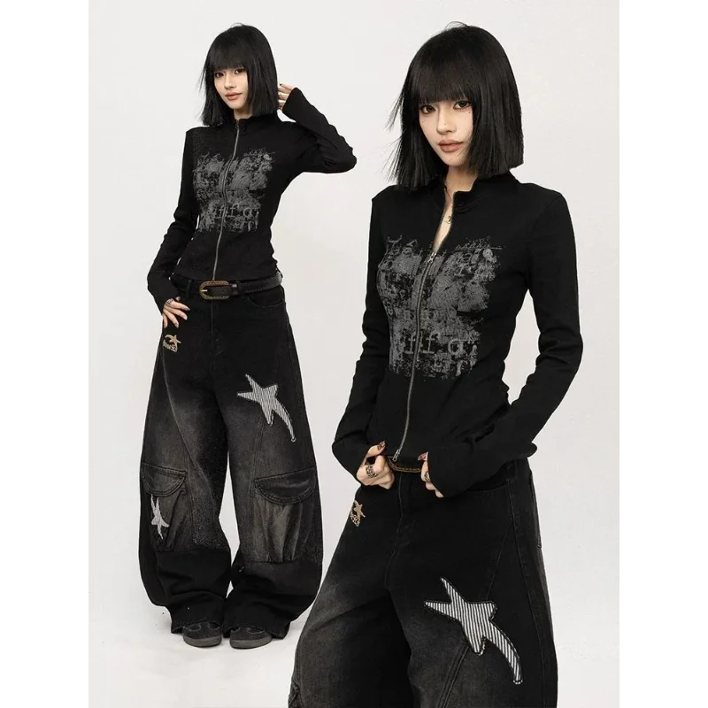 

Черный кардиган с длинными рукавами в стиле ретро в стиле ретро для женщин, осенний новый топ на молнии с принтом в стиле панк