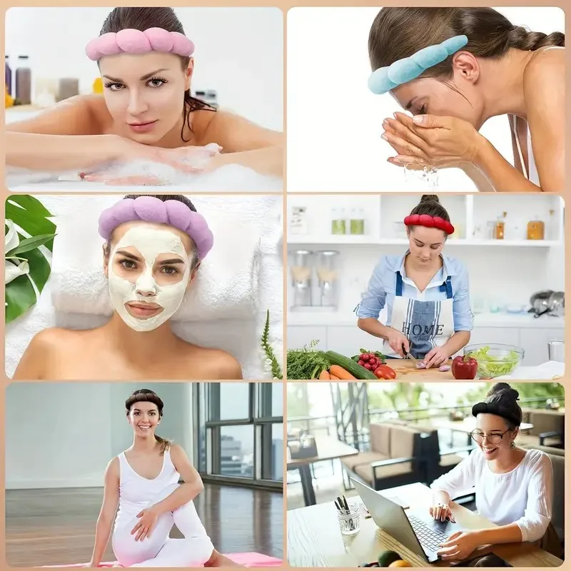 3pcs/Set Puffy Headband With Wristband Sponge Terry Towel Cloth Fabric Headband Set For Washing Face Skincare Spa Wear Makeup