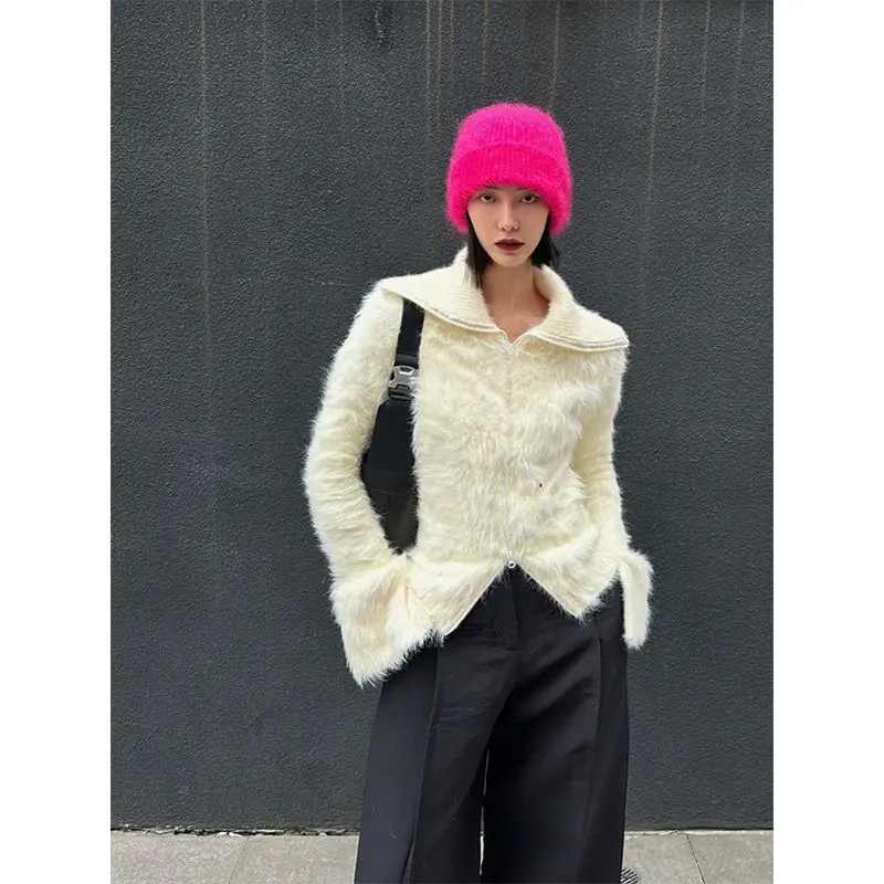 

Autumn Winter Coat Cardigans Spicy Girl Zipper Long Hair Knitted Women Mink Fleece High Collar Cardigan Top