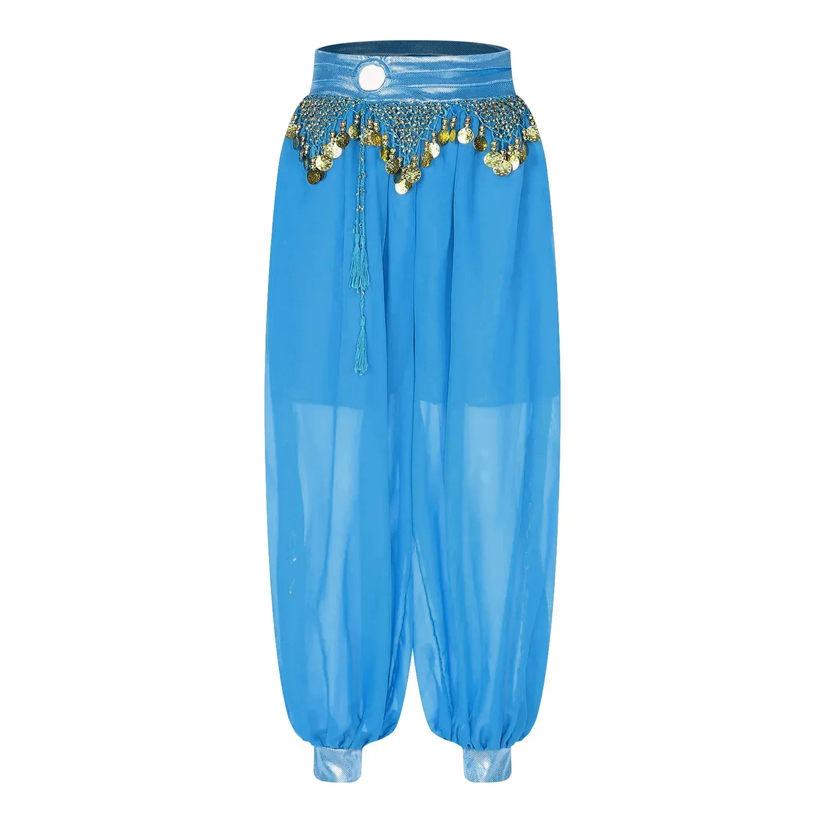 Chiffon Belly Dance Harem Pants Women Tribal Arabic Halloween Dance Performance Trousers Gold Trim Tassels Bellydance Costume