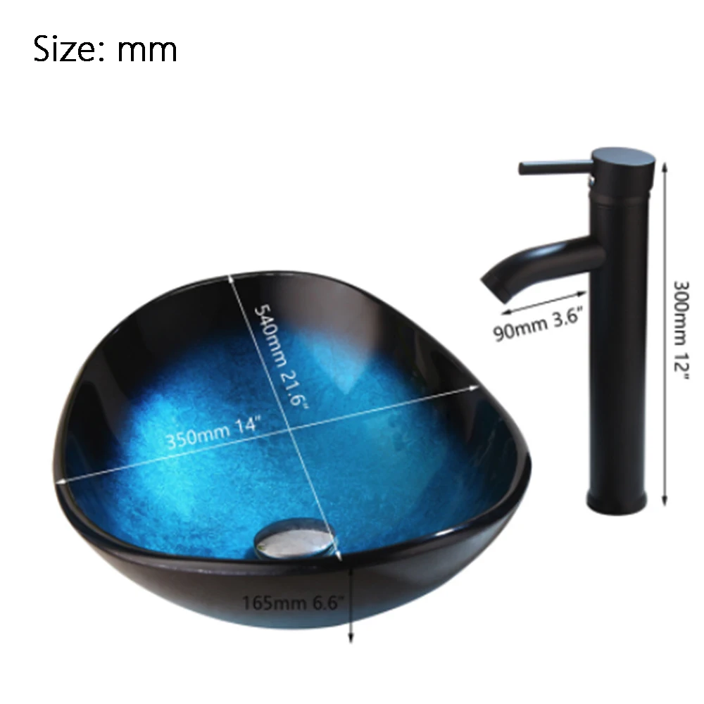 Oval Blue Tempered Glass Vessel Sink Matte Black Faucet Combo Bathroom Countertop Wash Basin Set with Pop Up Drain Combo Kit