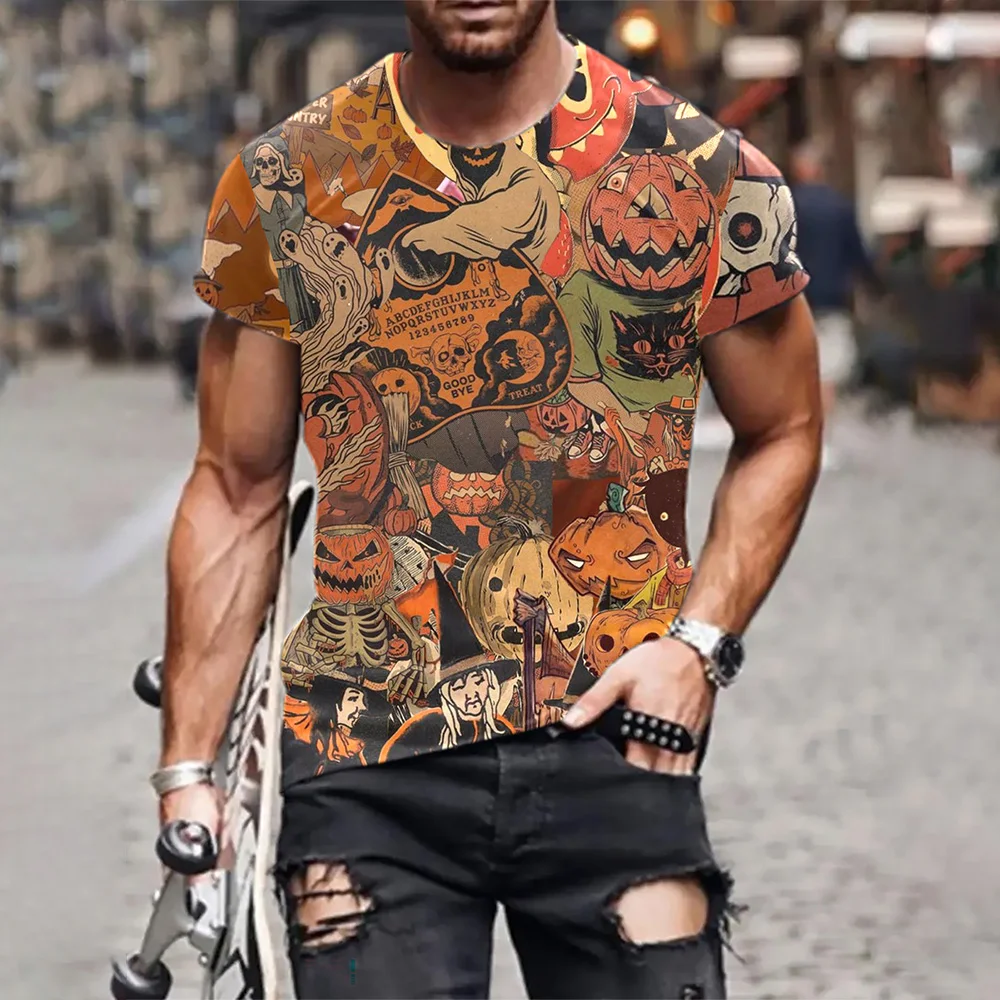 

2024 New retro Halloween T-shirt 3D printed American plus-size horror pumpkin personality Halloween design short sleeve casual