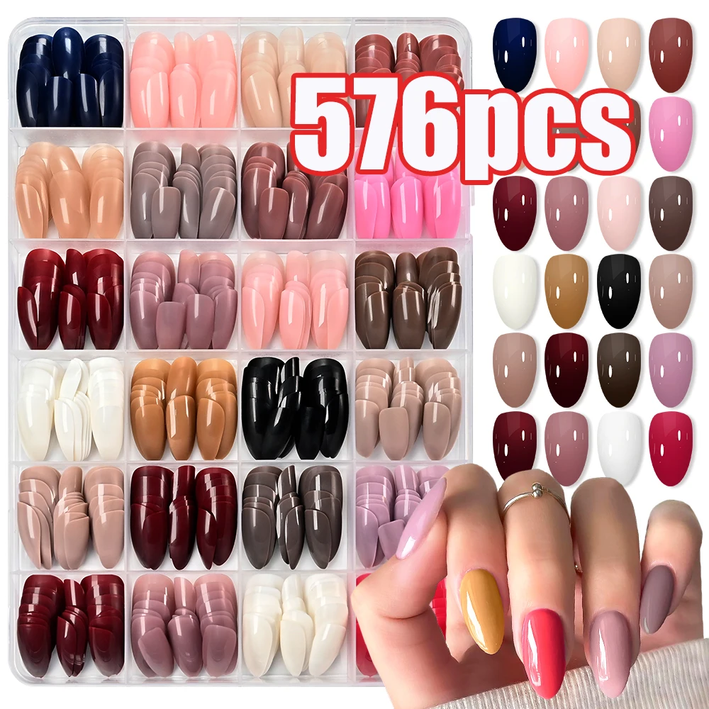 

576 шт./упаковка, однотонные короткие накладные ногти в форме миндаля, мягкие гелевые глянцевые накладные ногти, искусственные ногти-миндали с полным покрытием