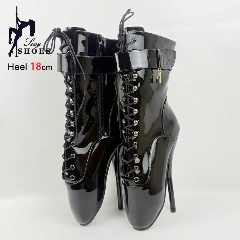 

18CM Sexy Thin High Heel Black Belt buckle Ballet Boots 2025 Newest Women Short Boots Side Zippper SM Fetish Shoes Size 36-46