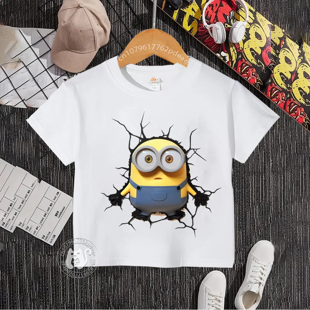 Teen Summer Hip Hop Style 100% Cotton T-shirt Outdoor Crack Minions print children's round neck T-shirt Boys girls top