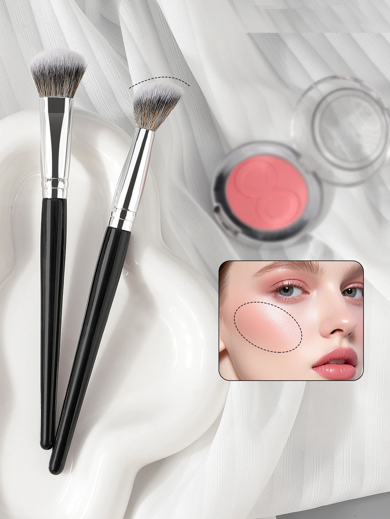 Zwarte concealerborstel met enkele schuine kop, concealerborstel voor onder de ogen, concealer, oogschaduwborstel met ronde kop, neuscontourborstel