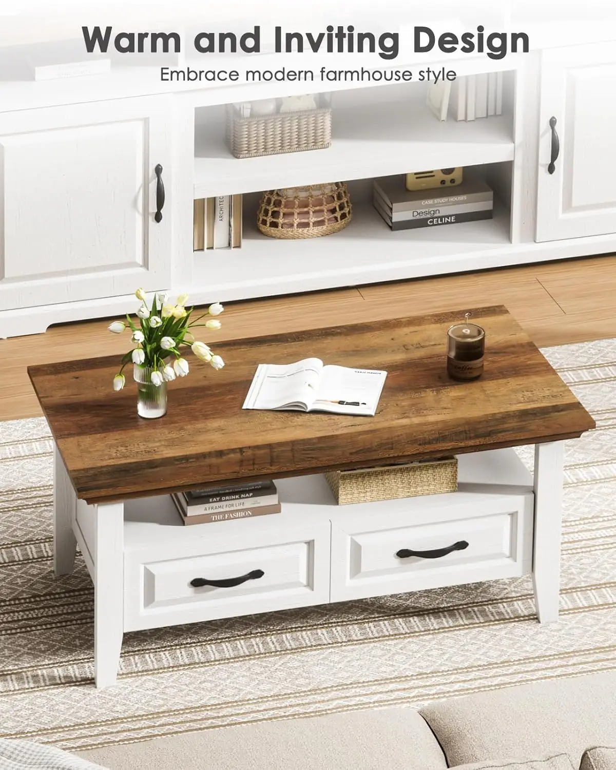 Coffee Table For Living Room, 39.4" Small Coffee Table With Storage, Open Display Shelf And Hidden Drawers