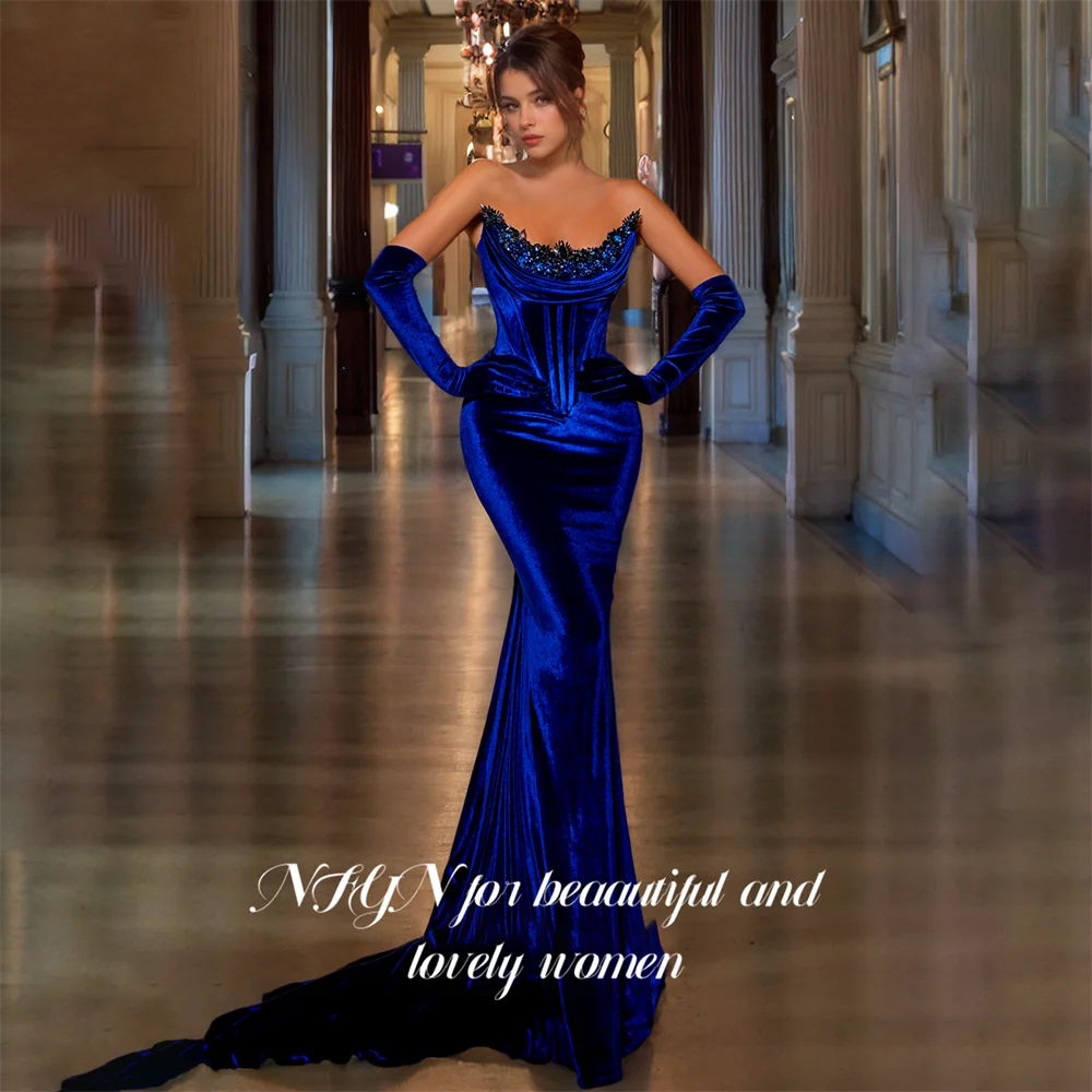 

NFYN Royal Blue Long Velvet Party Dress Mermaid Sequin Strapless Formal Dinner Dresses Pleat Women Evening Dresses Customized