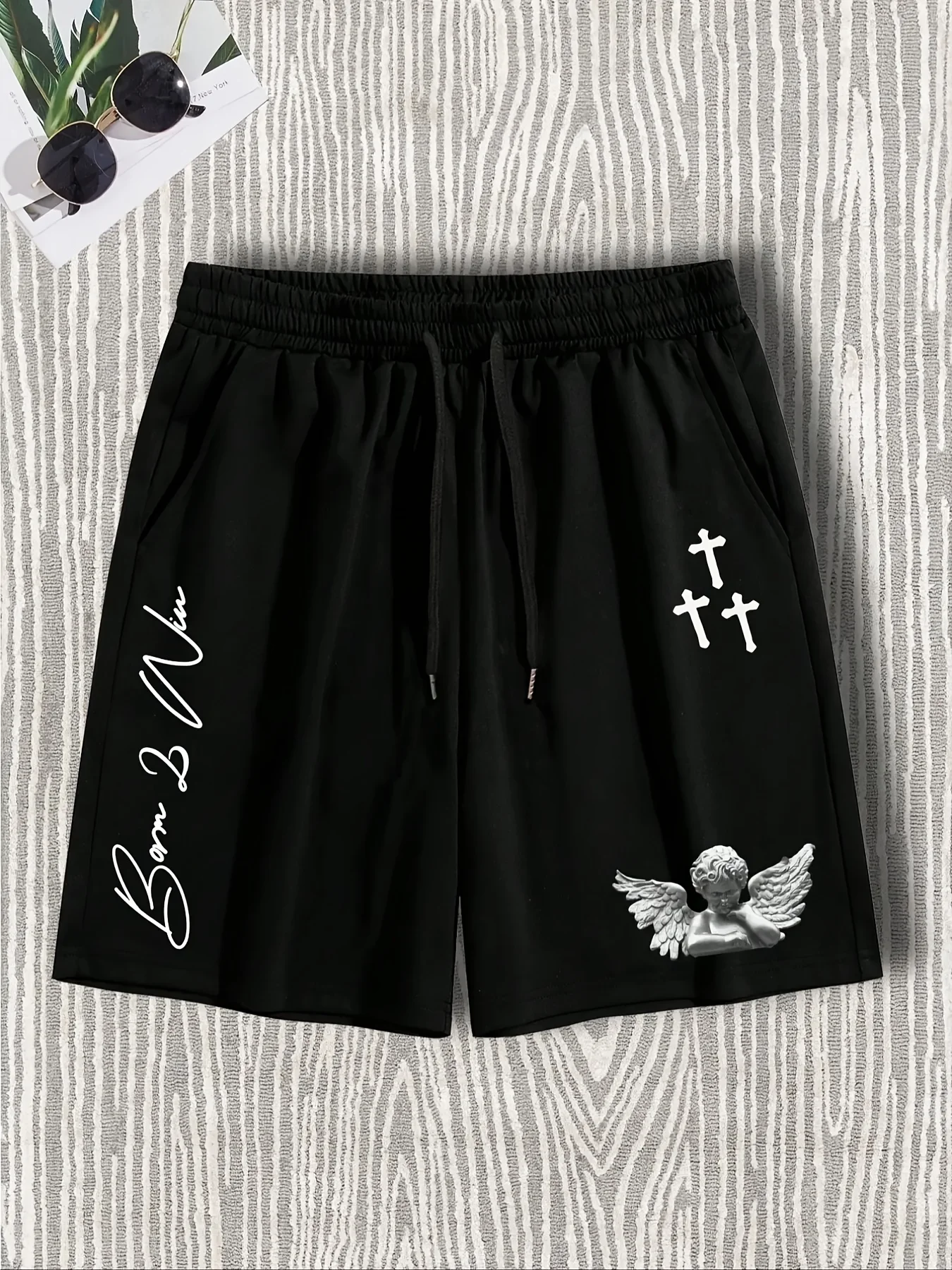 

Summer hot selling men's printed angel baby pattern and letter printed shorts with waistband and pockets