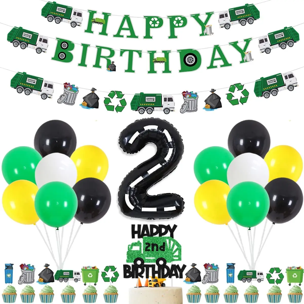 Cheereveal Garbage Truck 2nd Birthday Party Decorations Trash Truck Happy Birthday Banner Green Balloons Cake Topper Supplies