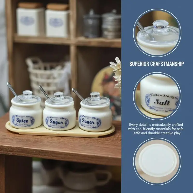 Mini Kitchen Seasoning Jar  6 Scale Dollhouse Spice Container Model Set Realistic Storage with Spoon and Personalized Stickers