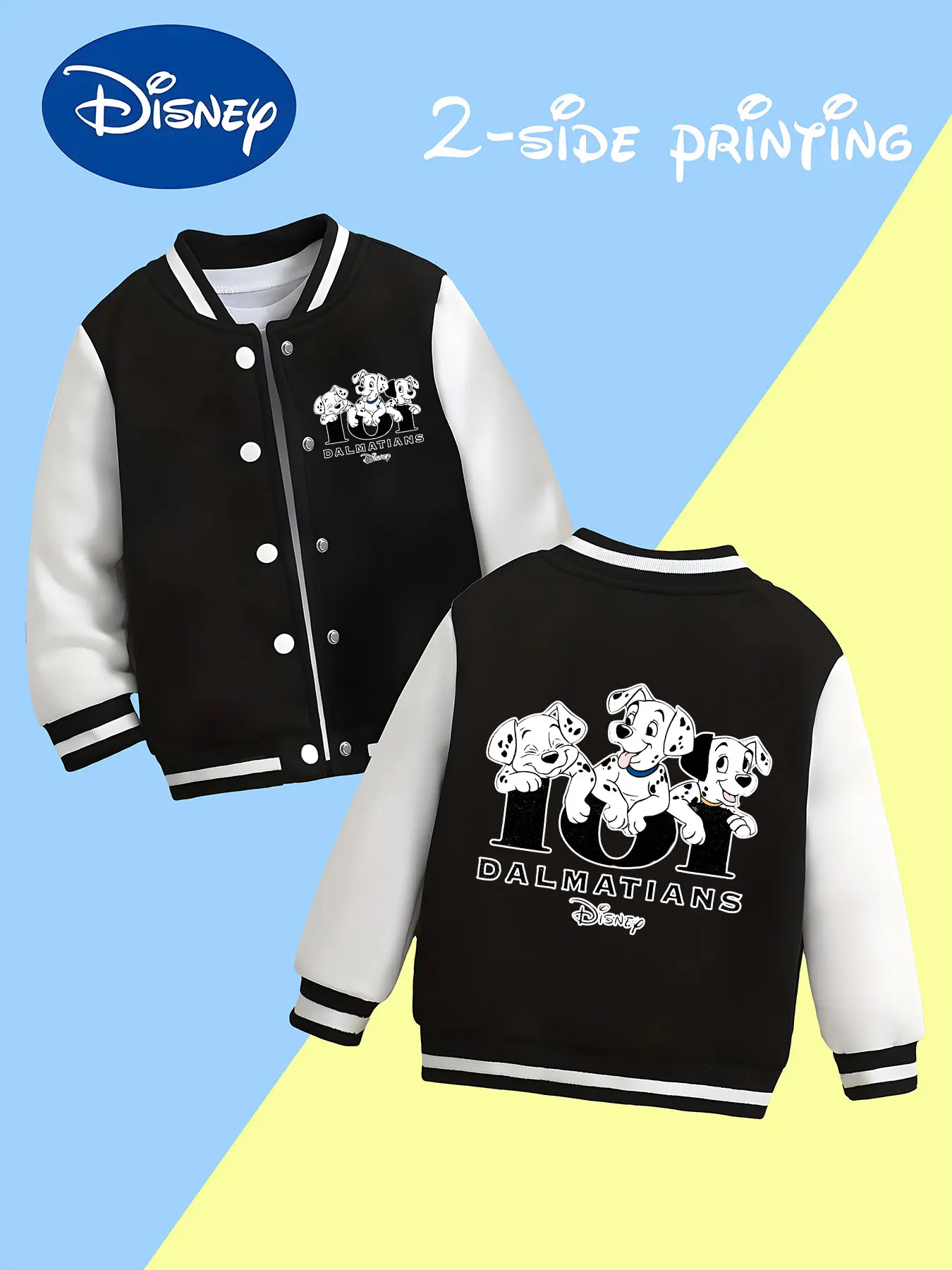 

MINISO Disney 101 Dalmatians Boys' Baseball Jacket - Cute Dalmatians, Double-sided Print, Perfect for School Play