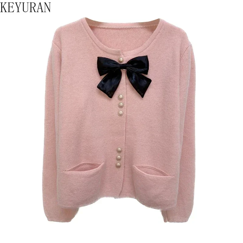 Sweet BowKnot Sweater Jacket Women Knitted Cardigan Pink Vintage Fashion O-neck Long Sleeve Single Breasted Knitwear Tops Jumper