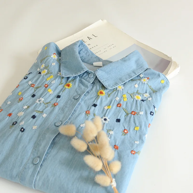

Mori kei fashion Japanese style flower embroider denim shirts and blouses women autumn cotton jean shirt boho clothes