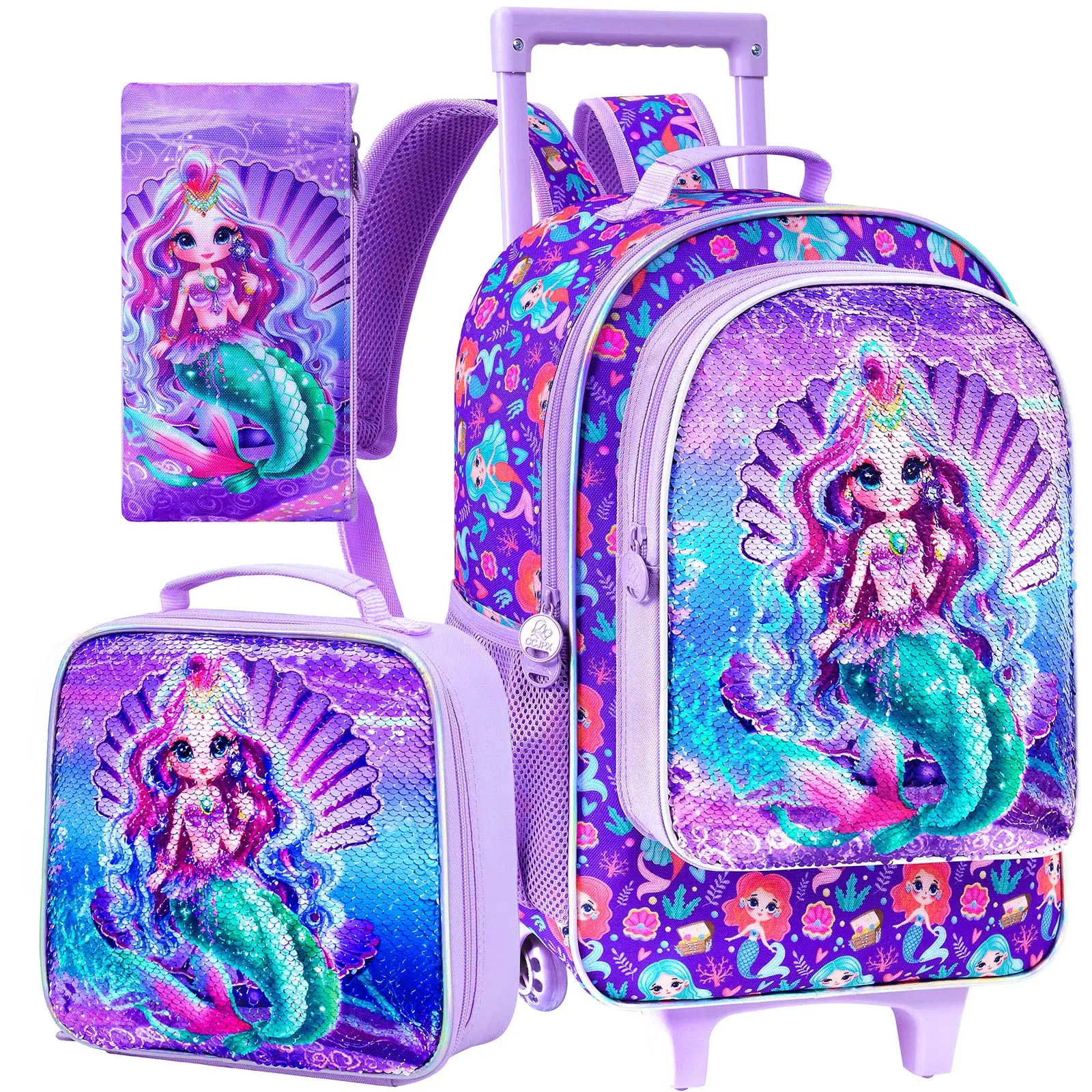 

3PCS Rolling Backpack for Girls , Kids Roller Wheels Bookbag, Wheeled School Bag with Lunch Bag