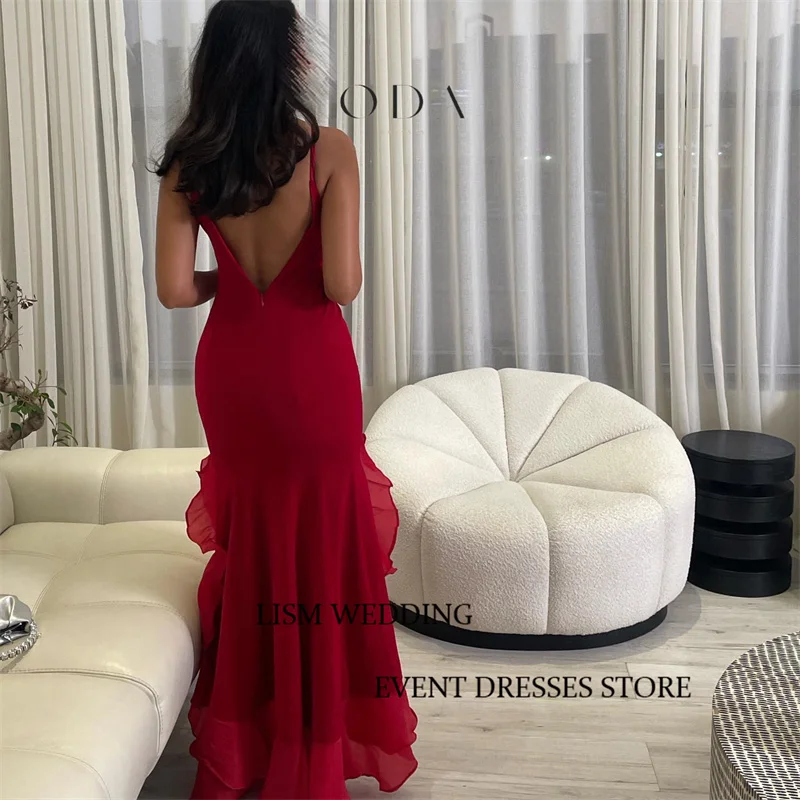 LISM Red Saudi Arabic Women Evening Dresses Vintage O-Neck Ruffles Split Formal Party Dress Customized Evening Night Events Gown