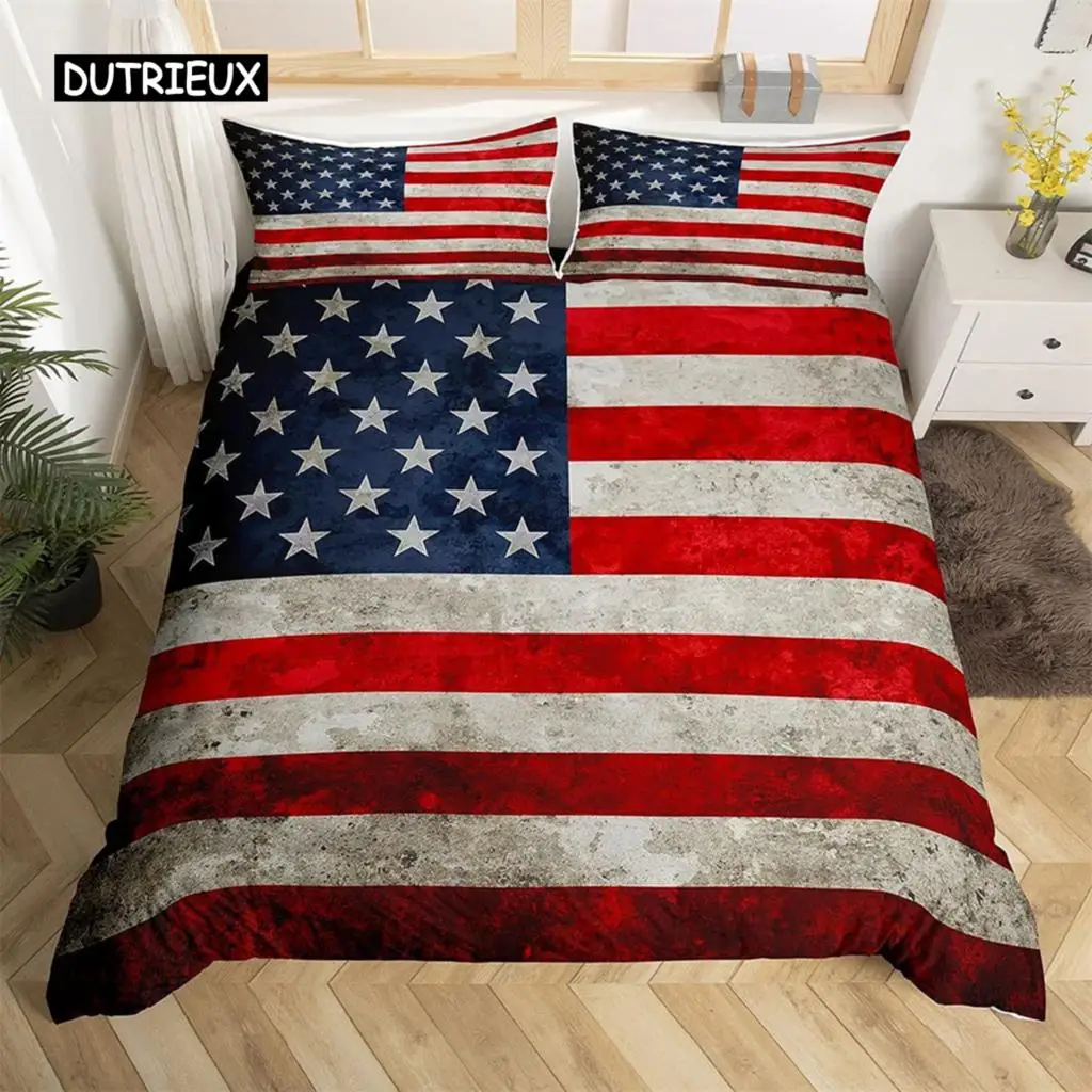 

American Flag Duvet Cover Retro USA Flag Bedding Set For Kids Boys Teens Men Stars Red Stripes For Bedroom Decoration Women Men