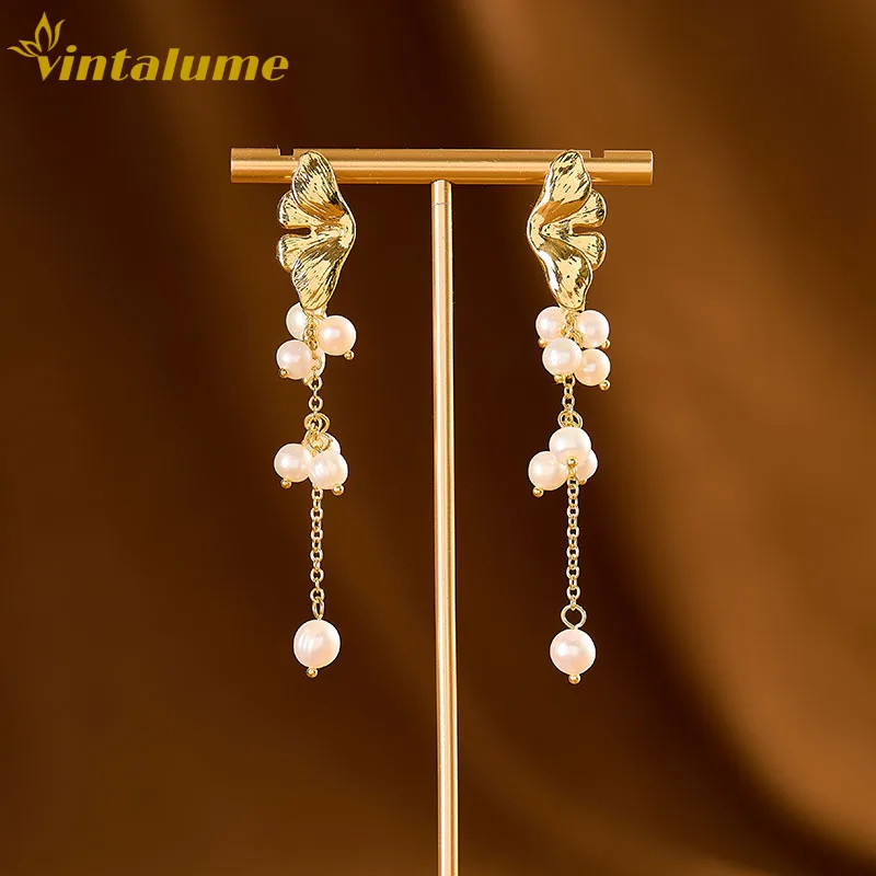 

Длинные висячие серьги Vintalume Gold Petal с пресноводным жемчугом для женщин, роскошные винтажные украшения с цветочными кисточками, подарок
