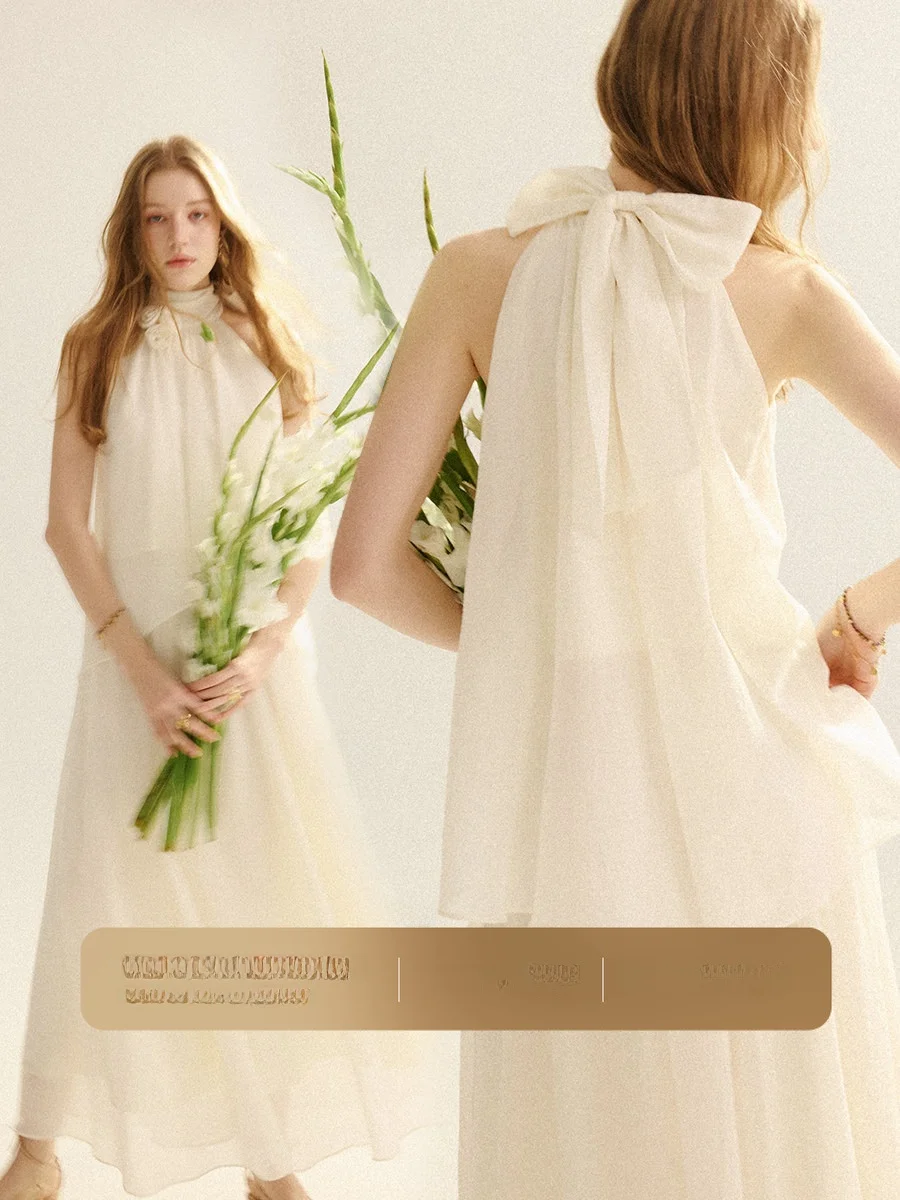 

Elegant Vintage Stand Collar Sleeveless Chiffon Top Neck Hanging Strap Holiday Wear Women Summer Short Length Knot