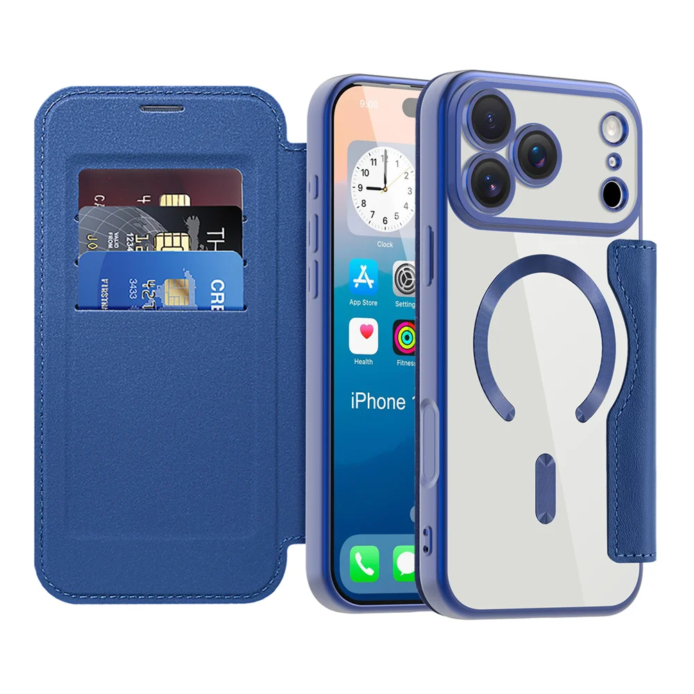Voor Magsafe Clear Flip Leather Slot Card Bag Holder Magnetische telefoonhoes voor iPhone 17 Pro Max Air Wireless Charging Wallet Cover