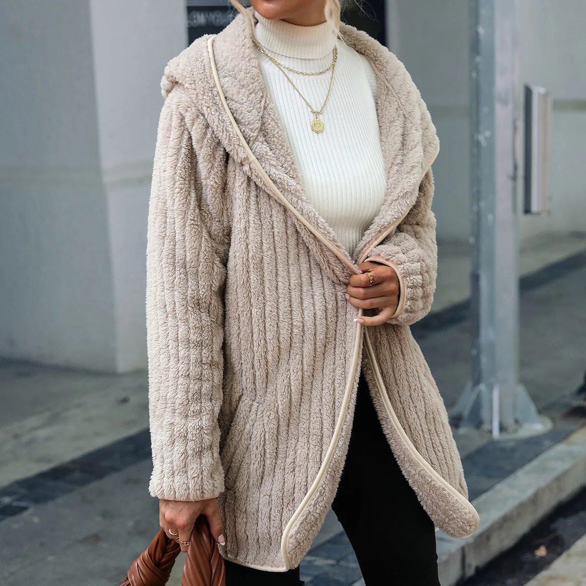 2026 Autumn Winter Long Sleeve Women Jacket Thick Plush Hooded Warm Casual Solid Coat Soft Loose Cardigan Lady No Buttons Coat