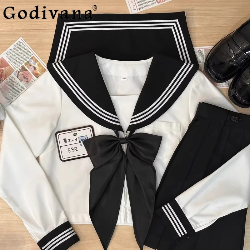 

Милая униформа моряка, японский Jk, свободный топ с длинными рукавами для колледжа, весна-осень, новые модные комплекты плиссированной юбки для девочек, уменьшающие возраст