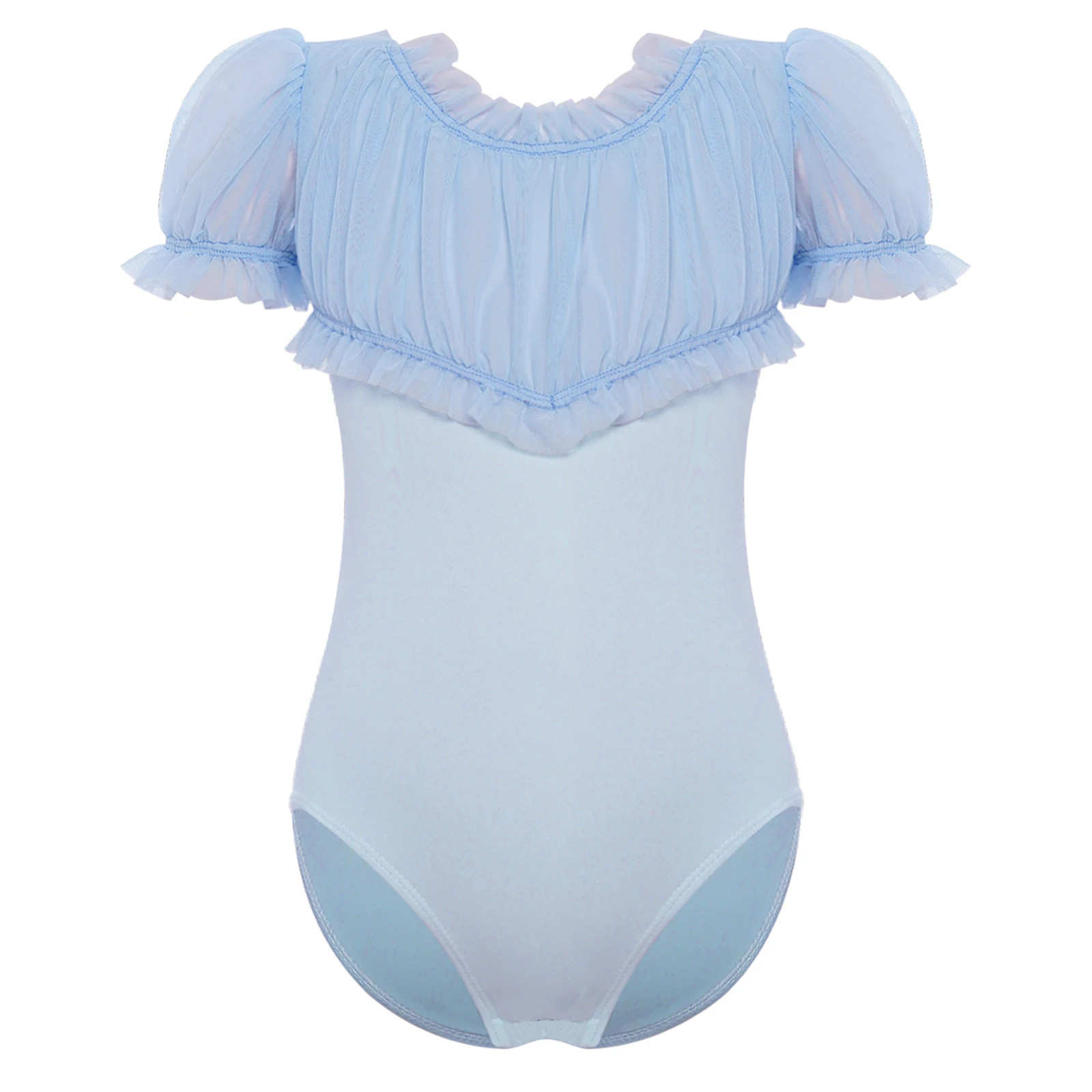 

Kids Girls Ballet Practice Leotard Ruffled Round Neck Short Puff Sleeves Cutout Back Ruched Sheer Mesh Bodice Ballet Dancewear