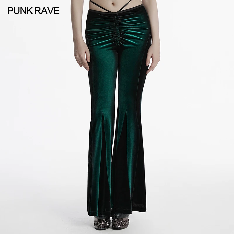 

PUNK RAVE Women's Gothic Gradient Printed Slim fit Flared Pants Front Crotch Pleat Design Waist Strap Sexy Trousers