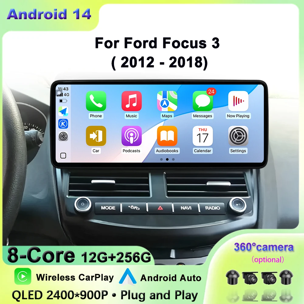 Pantalla Multimedia inalámbrica CarPlay para Ford Focus 3 2012-2018 pantalla táctil Android unidad principal automática navegación GPS WIFI 4G BT DVR