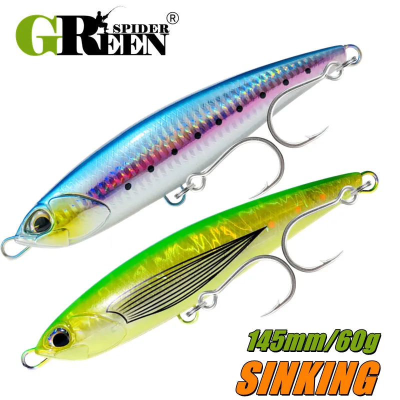 GREENSPIDER 펜슬 낚시 미끼 싱킹 워블러, 긴 캐스팅 인공 하드 미끼, 참치 GT 낚시 미끼, 스틱베이트 145mm, 60g