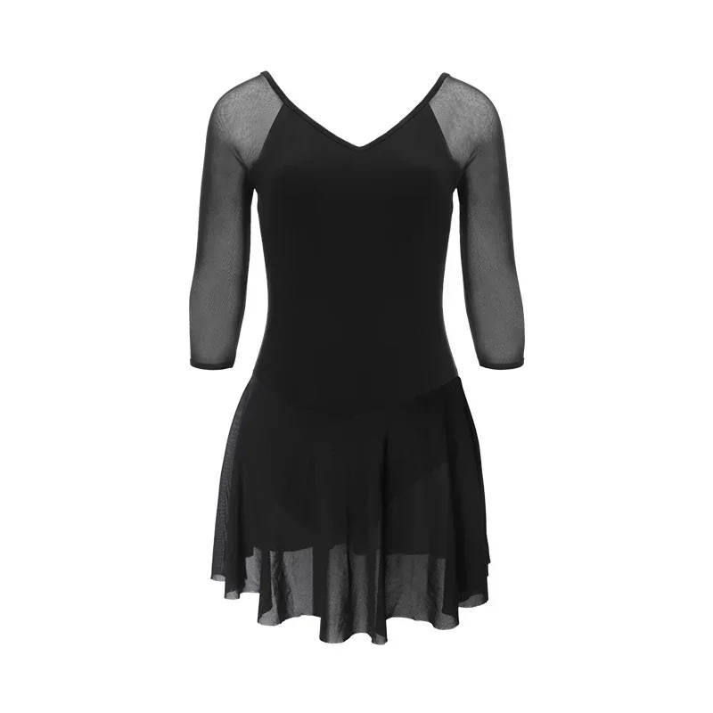 Leotardos de Ballet para mujer, vestido de baile, empalme de malla suave, manga tres cuartos, disfraz de bailarina de algodón, leotardo de gimnasia