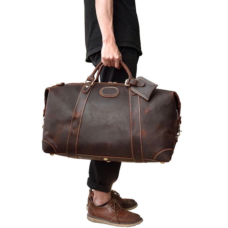 

100% Genuine Crazy Horse Leather Men Travel Bags with Rivet Big HandBag for Male Cowhide Duffel Bag Mans Travelling Bag Luxury