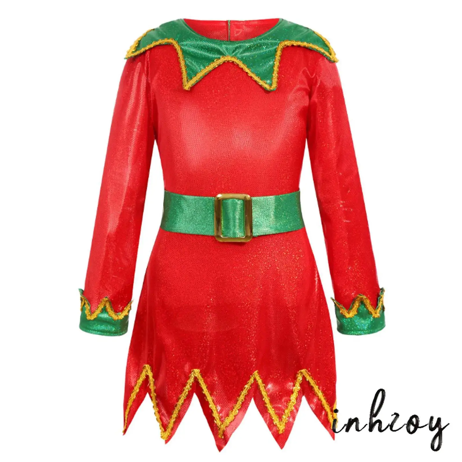 

Girls Christmas Elf Costume Contrast Color Back Invisible Zipper Xmas Dress with Waistbelt Xmas Hat Stripe Socking and Shoes Set