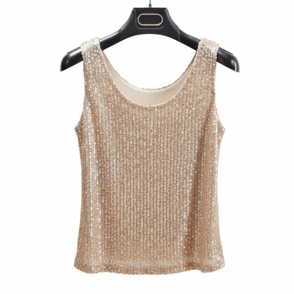 

Trendy Solid Color Sequin Vest Loose Sequin Design Women's Tank Top Round Neck Breathable Glitter Tops for Women