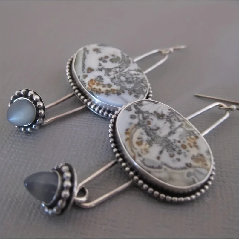 Pendientes Vintage de Color plateado para mujer, aretes largos con patrones de pintura geométrica de tumba ovalada, joyería de compromiso de boda