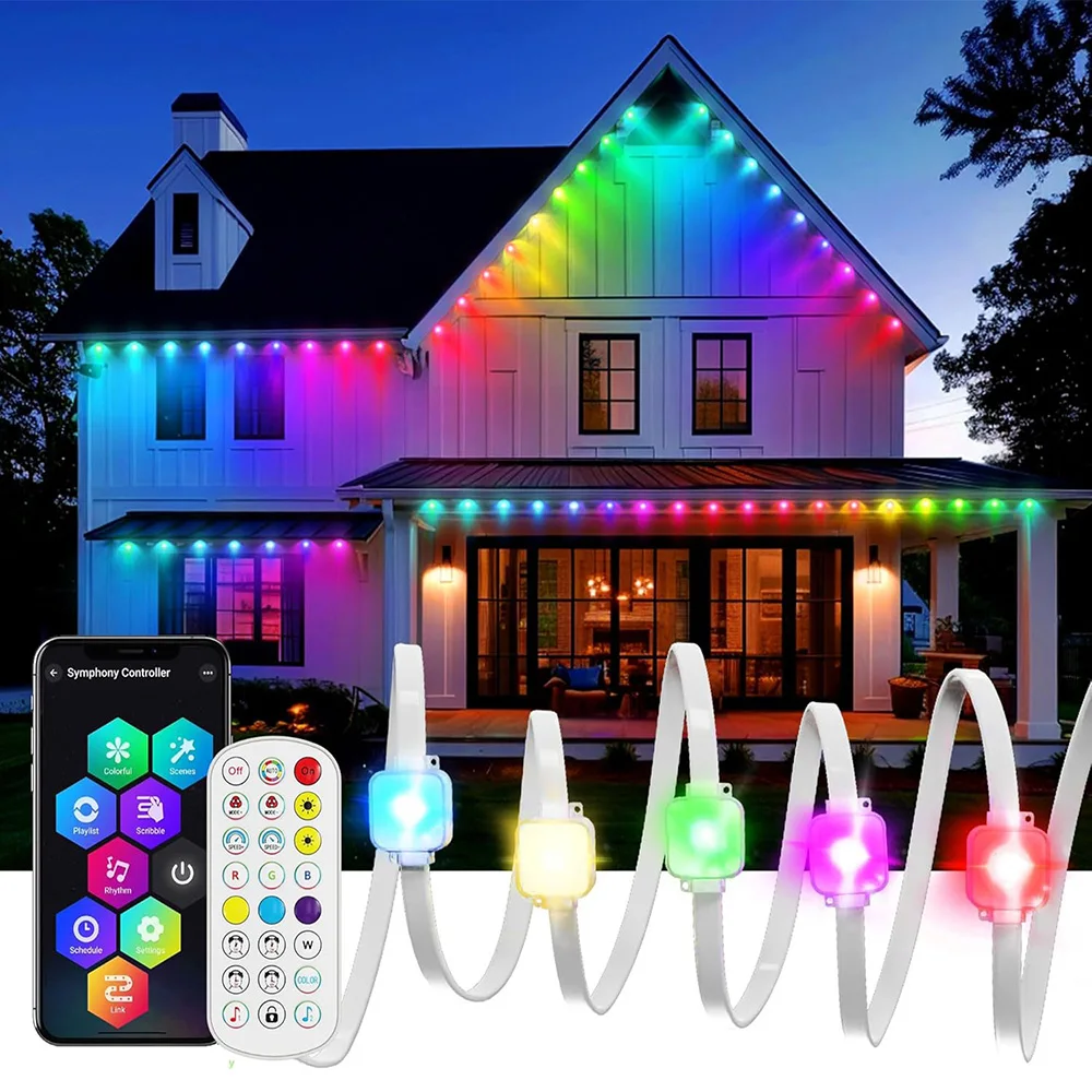 Permanent Outdoor Lights Smart RGBIC 50ft 30 LED Eaves Light Waterproof Music Sync Remote Control Outdoor Eaves LED Light String