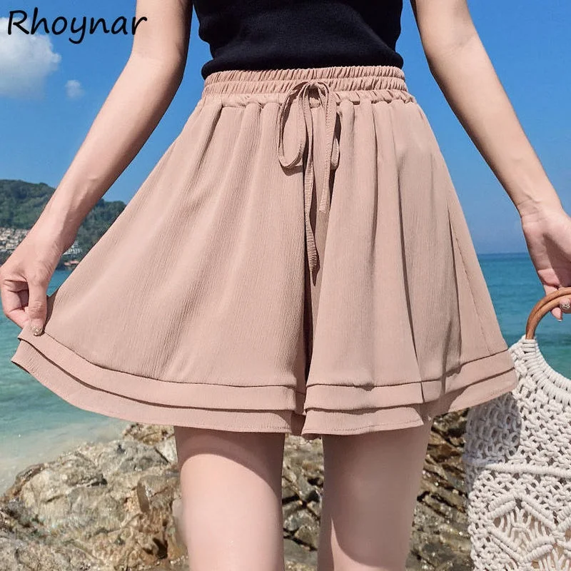 Shorts Frauen Jugend Ins Chiffon Hohe Taille Elegante Casual Kordelzug Design Alle-spiel Süße Nette Koreanische Stil Gefüttert Harajuku weichen