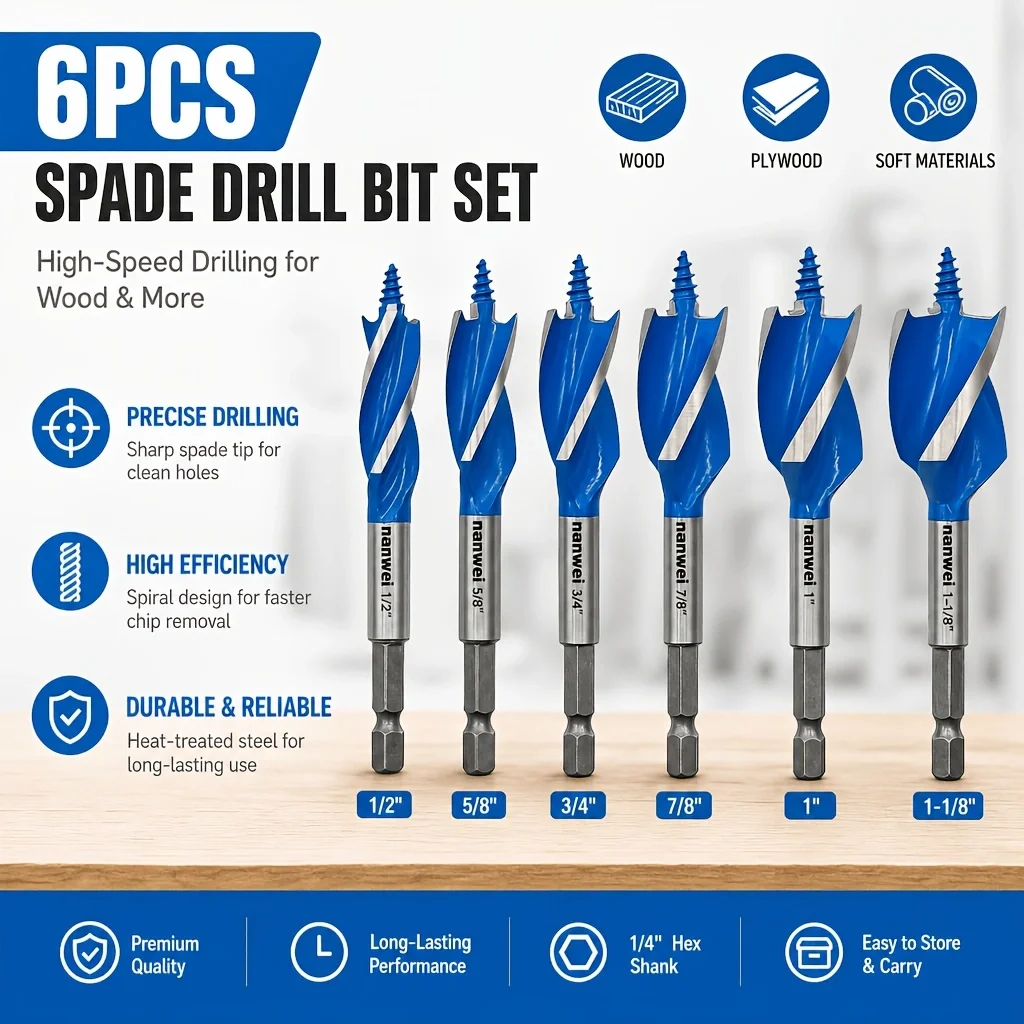 6Pcs Auger Spiral Wood Drill Bit Set, 1/2