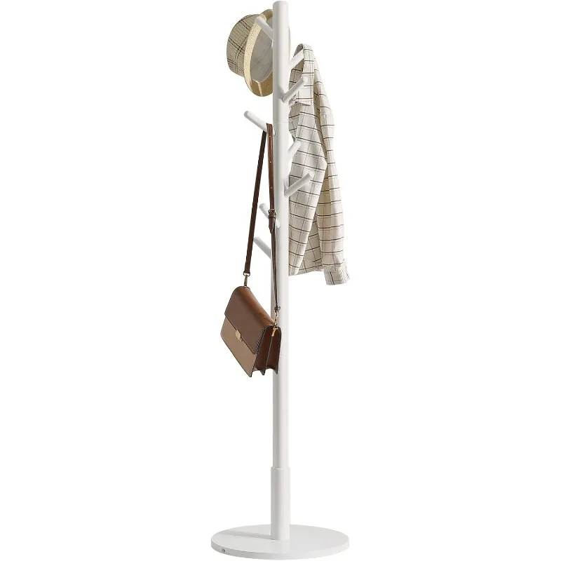 Coat Rack Stand, Freestanding Coat Tree with Solid Round Base and 8 Hooks, Easy Assembly Wooden Coat Hanger, Clothes Rack for