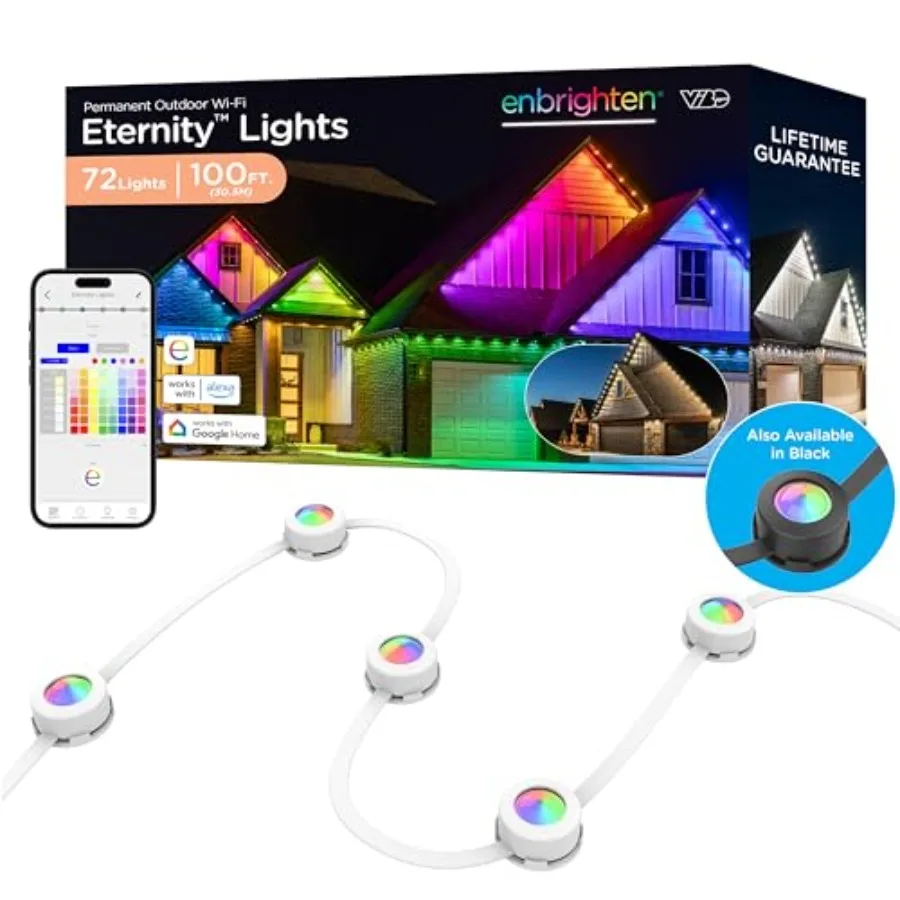 

Eternity Permanent Outdoor Lights, 100ft with 72 RGBWIC LED Lights, App‑Controlled, Cuttable, Christmas, Accent and Year‑Round