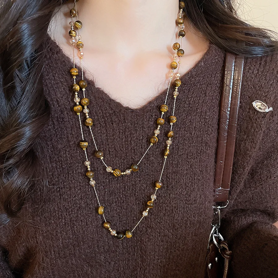 Maillard Multi-layer Tiger's Eye Stone Necklaces for Women Retro Stackable Glass Bead Sweater Neck Chain Charms Jewelry Gifts K1