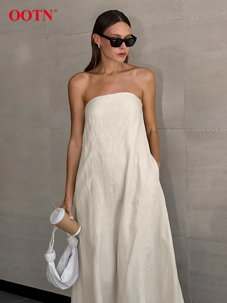 OOTN Fashion Khaki Strapless Linen Dress Women Summer 2024 Pockets A-Line Long Dresses Elegant Solid Backless Party Dress Female