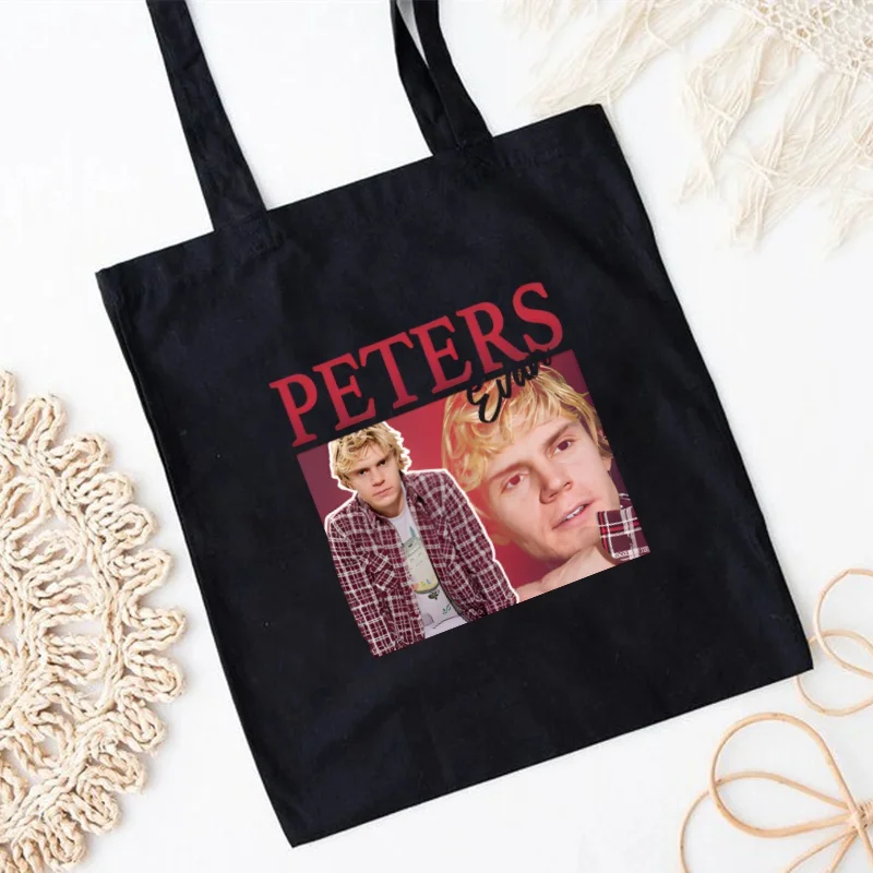 Evan Peters Skull Ahs Roanoke Women Canvas Shoulder Bag Black Handbag Lady Casual Tote Bag Reusable Large Capacity Shopping Bag