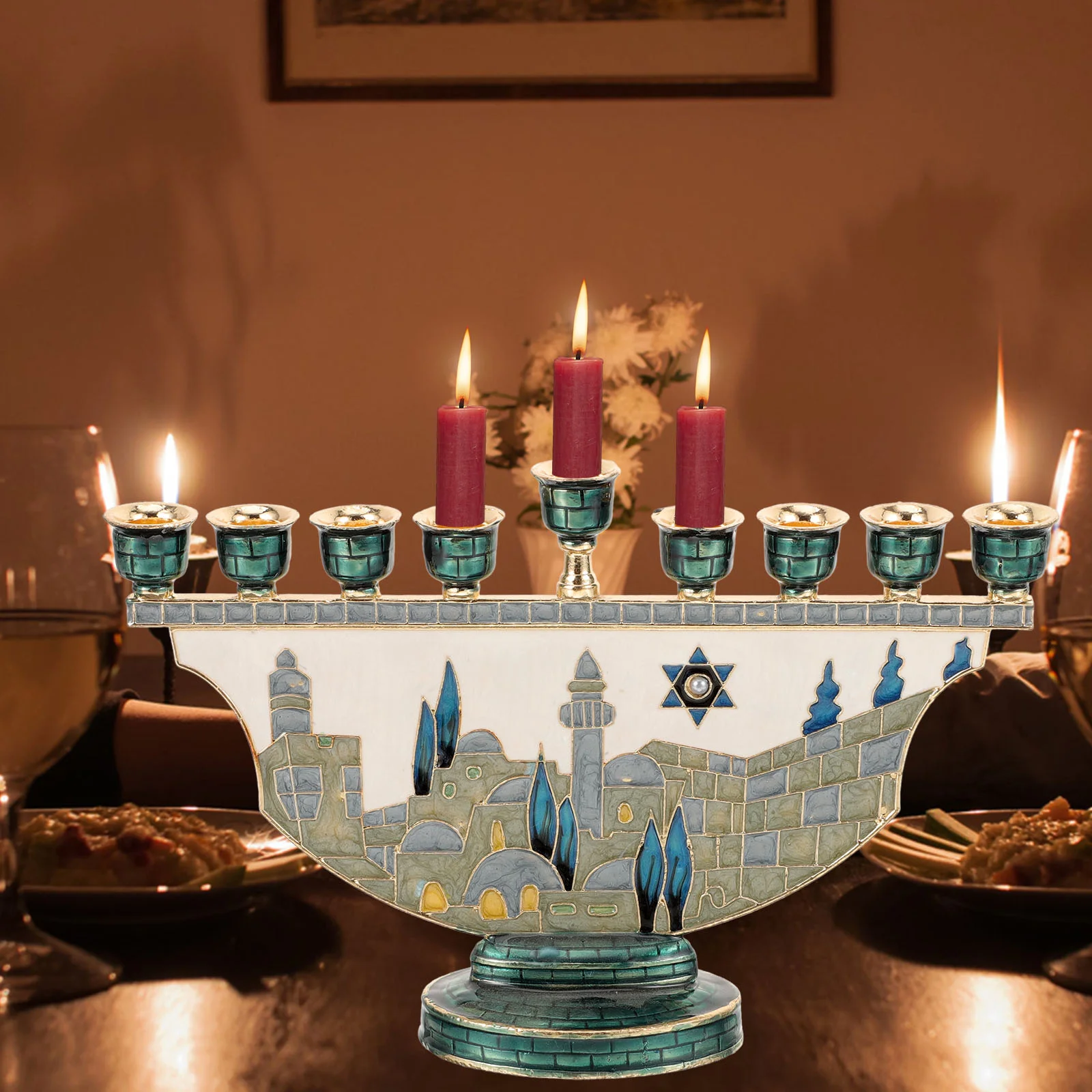 

Jerusalem Candlestick Hanukkah Menorah Stand Jewish Holders European Style Party Table Centerpiece Metal