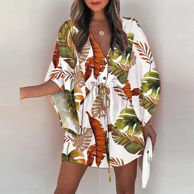 113387-e6ee29.jpg Women Casual Loose Dress Beach Boho Dress Fashion Vintage Print V Neck Drawstring Mini Dress Summer Dresses Robe Femme 2022